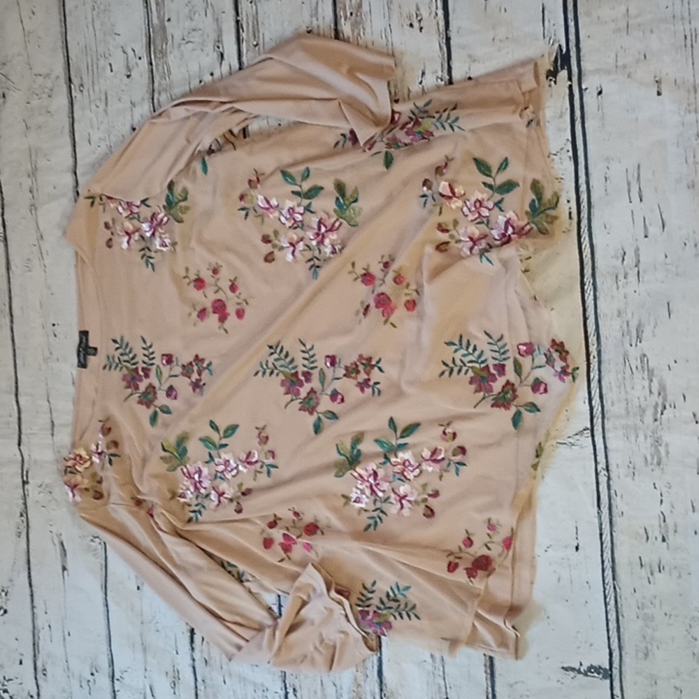 Slinky Brand Tan Pink Floral Embroidered Tunic Top 3 X